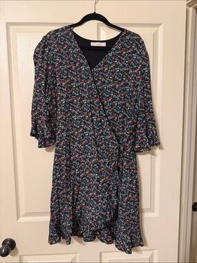LOFT Black Floral Wrap Romper with Pink and Blue Flowers